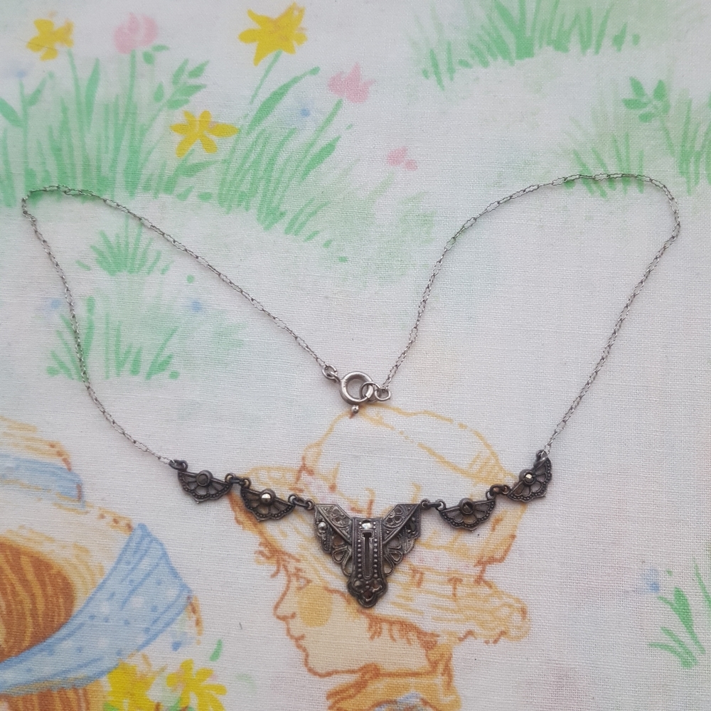 Antique Germany Sterling Silver Marcasite Necklace - Picture 12 of 16